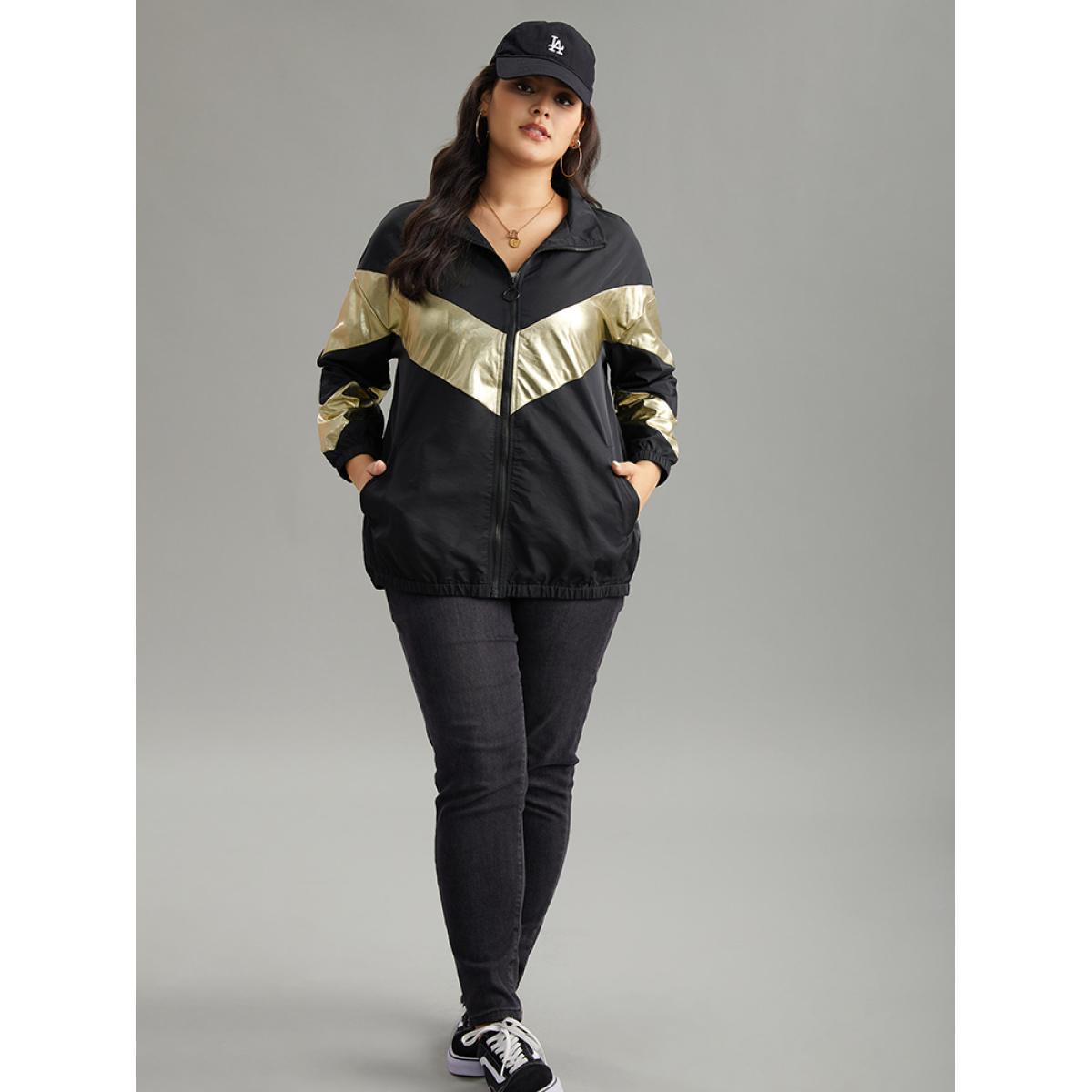Plus Size Geometric Patchwork Contrast Zipper Jacket Women Black Elastic cuffs Pocket Dailywear Jackets BloomChic 10/M Product Image