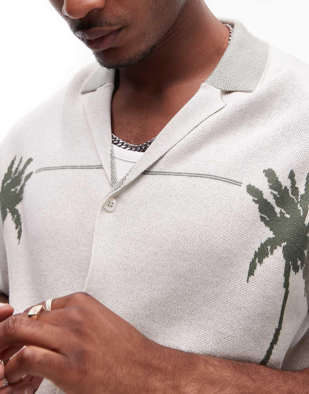 Topman knit camp collar polo with palm embroidery in white Product Image