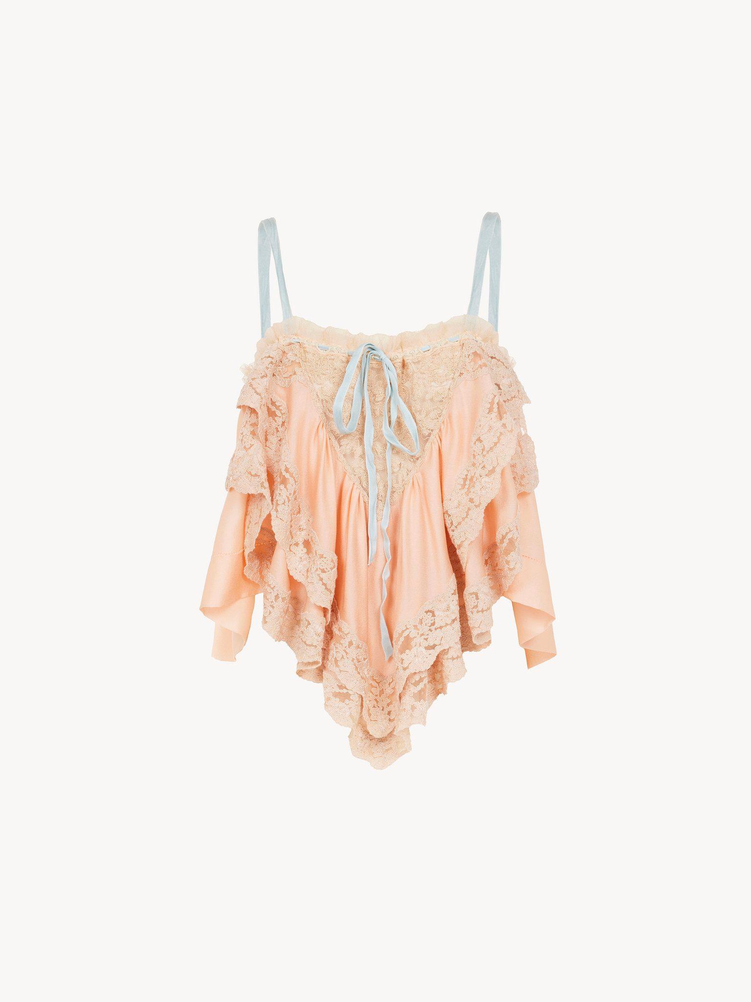 Ruffled camisole top in silk charmeuse & lace Product Image