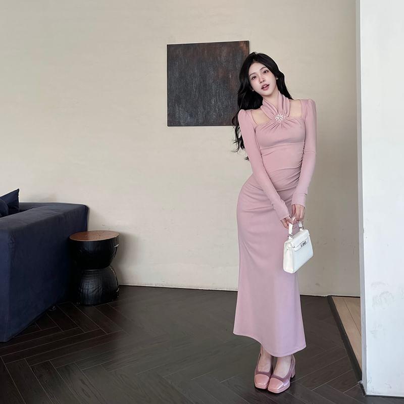 Long Sleeve Halter Plain Beaded Ruched Maxi Sheath Dress Product Image