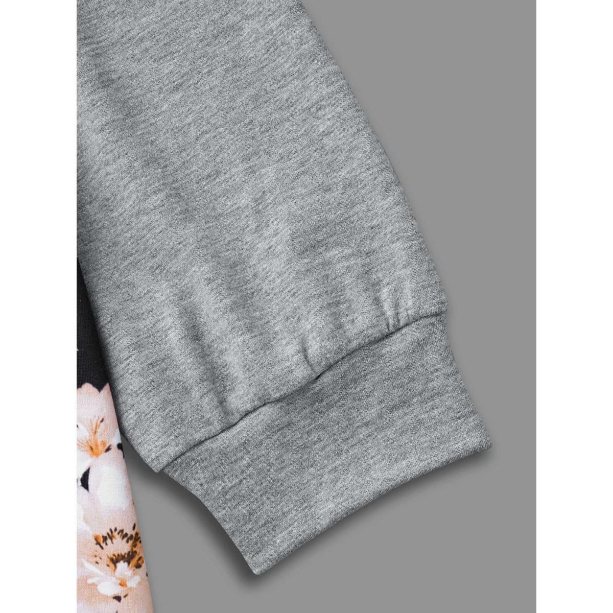Plus Size Floral Patchwork Hooded Drawstring Sweatshirt Women DarkGray Casual Contrast Hooded Everyday Sweatshirts BloomChic 30/6X Product Image