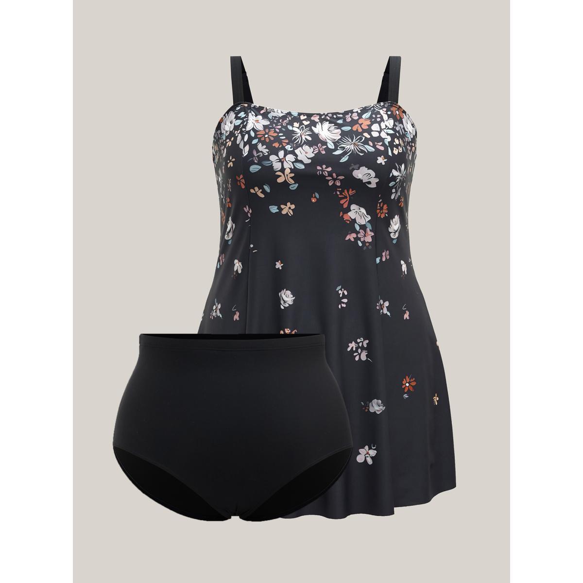 Plus Size Floral Print Non-Removable Cups Swim Dress Women's Swimwear Black Beach Bodycon Square Neck High stretch Curve Swim Dresses BloomChic 18-20/2X Product Image