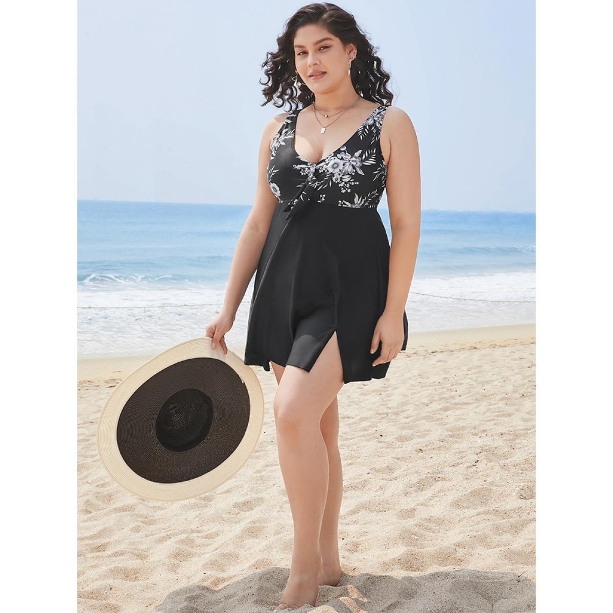 Plus Size Floral Patchwork Knotted Front Split Swim Dress Women's Swimwear Black Vacation Bodycon V-neck High stretch Curve Swim Dresses BloomChic 12/L Product Image
