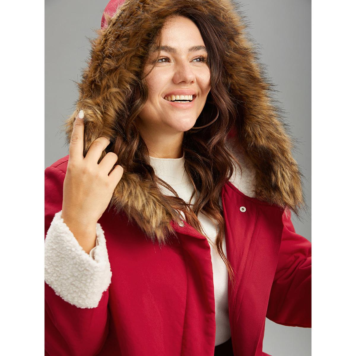 Plus Size Patchwork Fuzzy Trim Pocket Hooded Jacket Women Red Casual Contrast Ladies Party Winter Coats BloomChic 26/4X Product Image