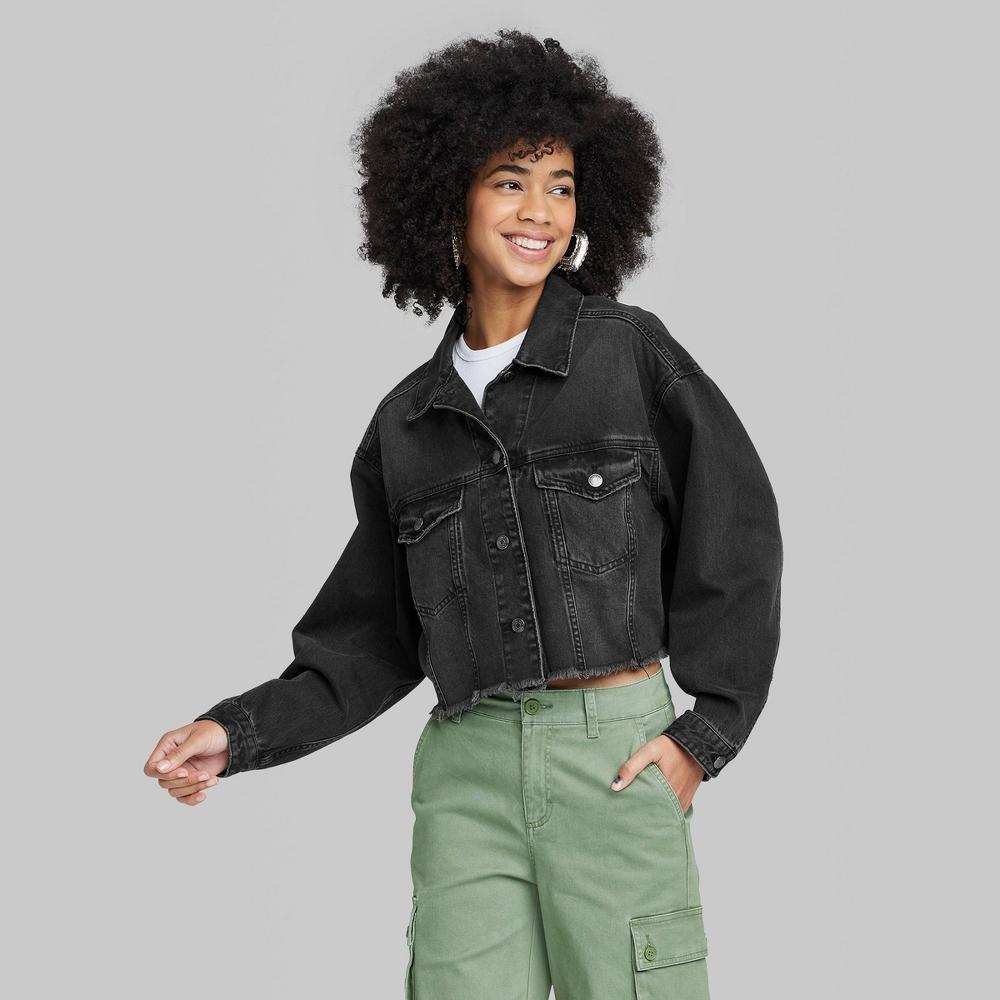 Women's Cropped Denim Trucker Jacket - Wild Fable™ Product Image