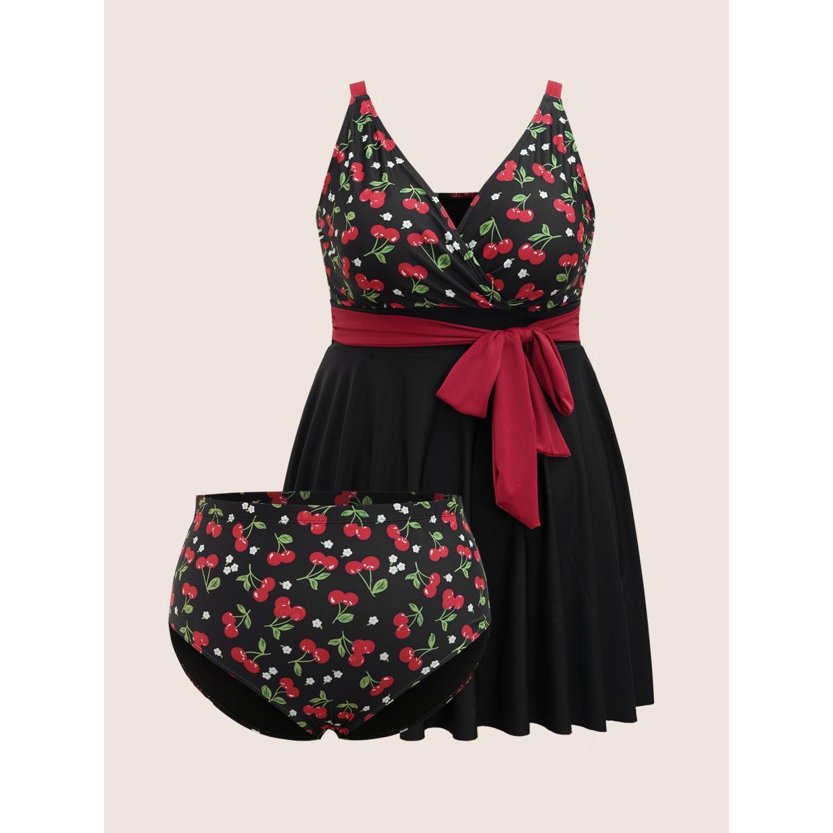 Plus Size Cherry Print Wrap Tie Knot Swim Dress Women's Swimwear Black Beach Bodycon Overlap Collar High stretch Curve Swim Dresses BloomChic 28/5X Product Image
