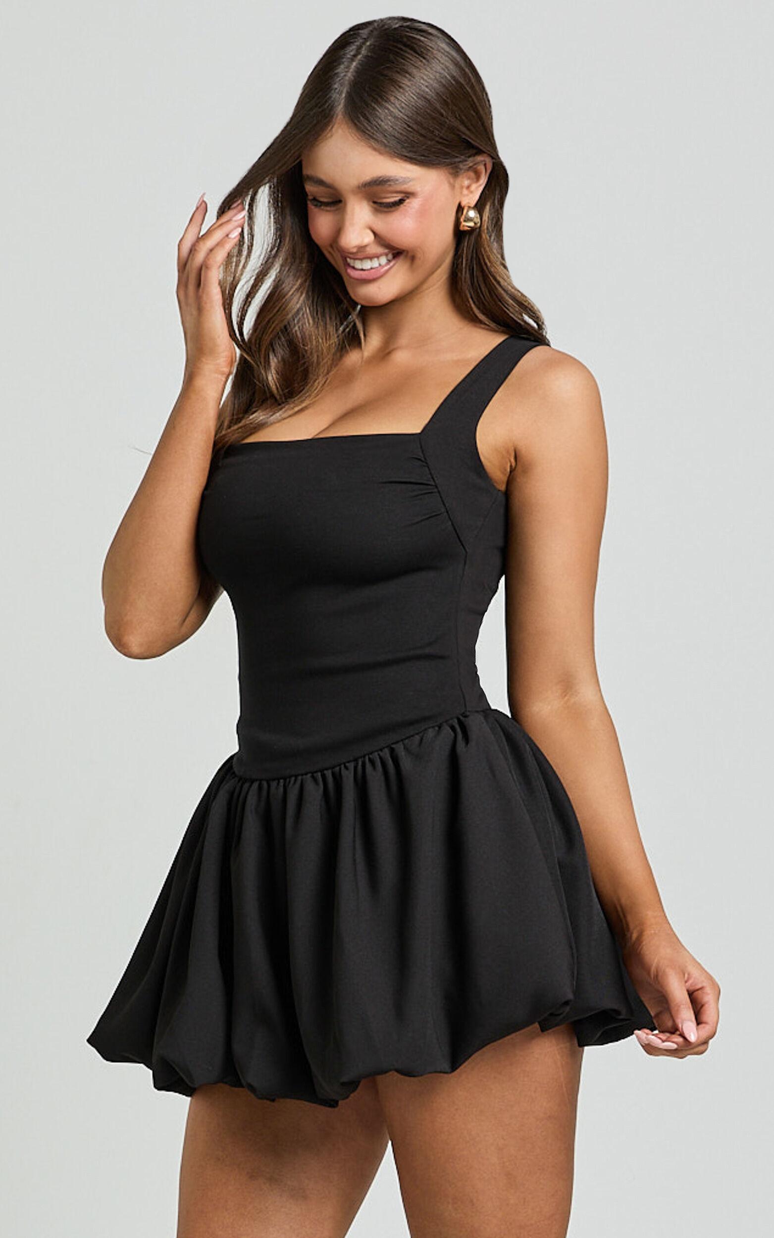 Bridgette Mini Dress - Straight Neck Sleeveless Bubble Hem Dress in Black Product Image