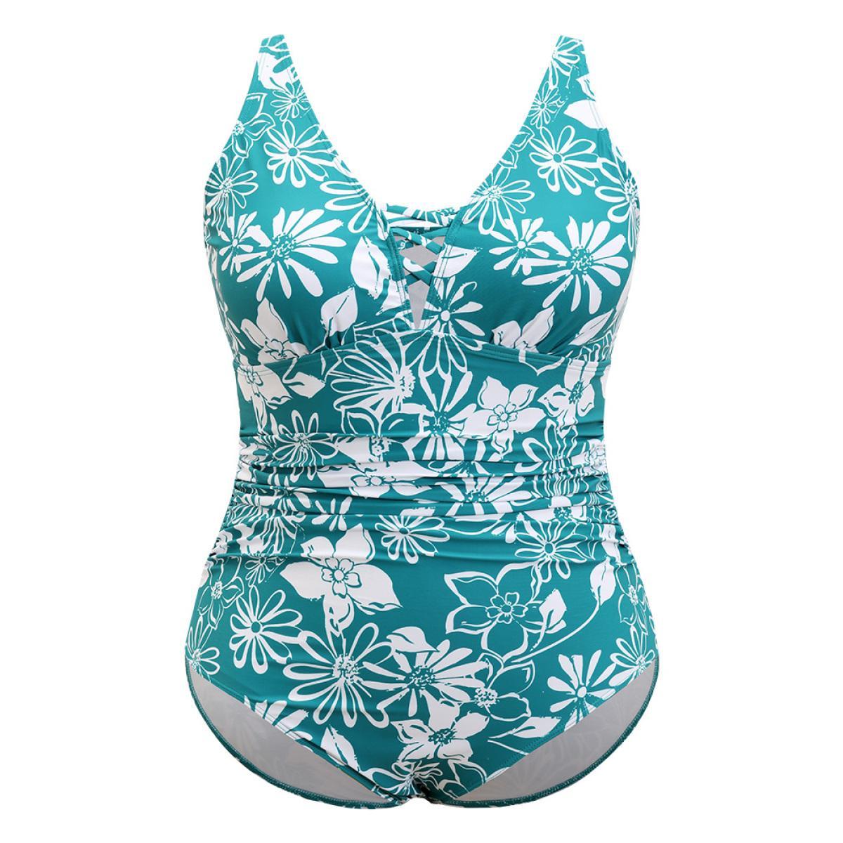 Plus Size Floral Print Crisscross Sculpt Waist Ruched One Piece Swimsuit Women's Swimwear Green Vacation Adjustable Straps Curve Bathing Suits High stretch One Pieces BloomChic 26/4X Product Image