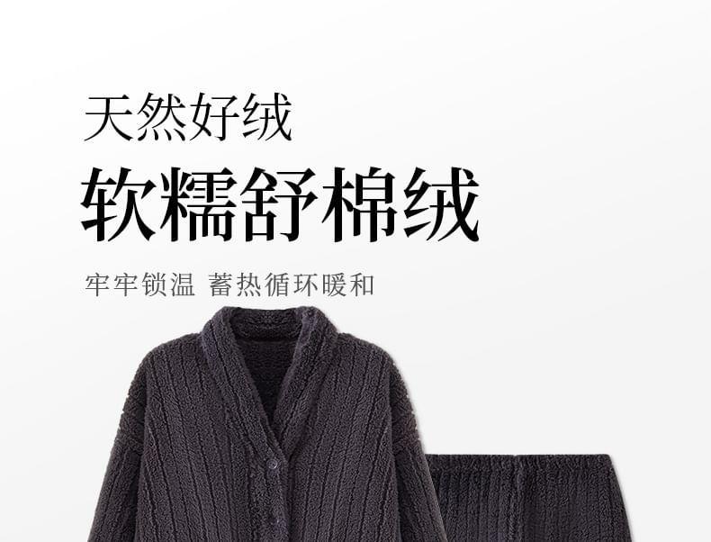 Pajama Set: Long-Sleeve V-Neck Contrast Trim Button-Up Fleece Top + Pants Product Image