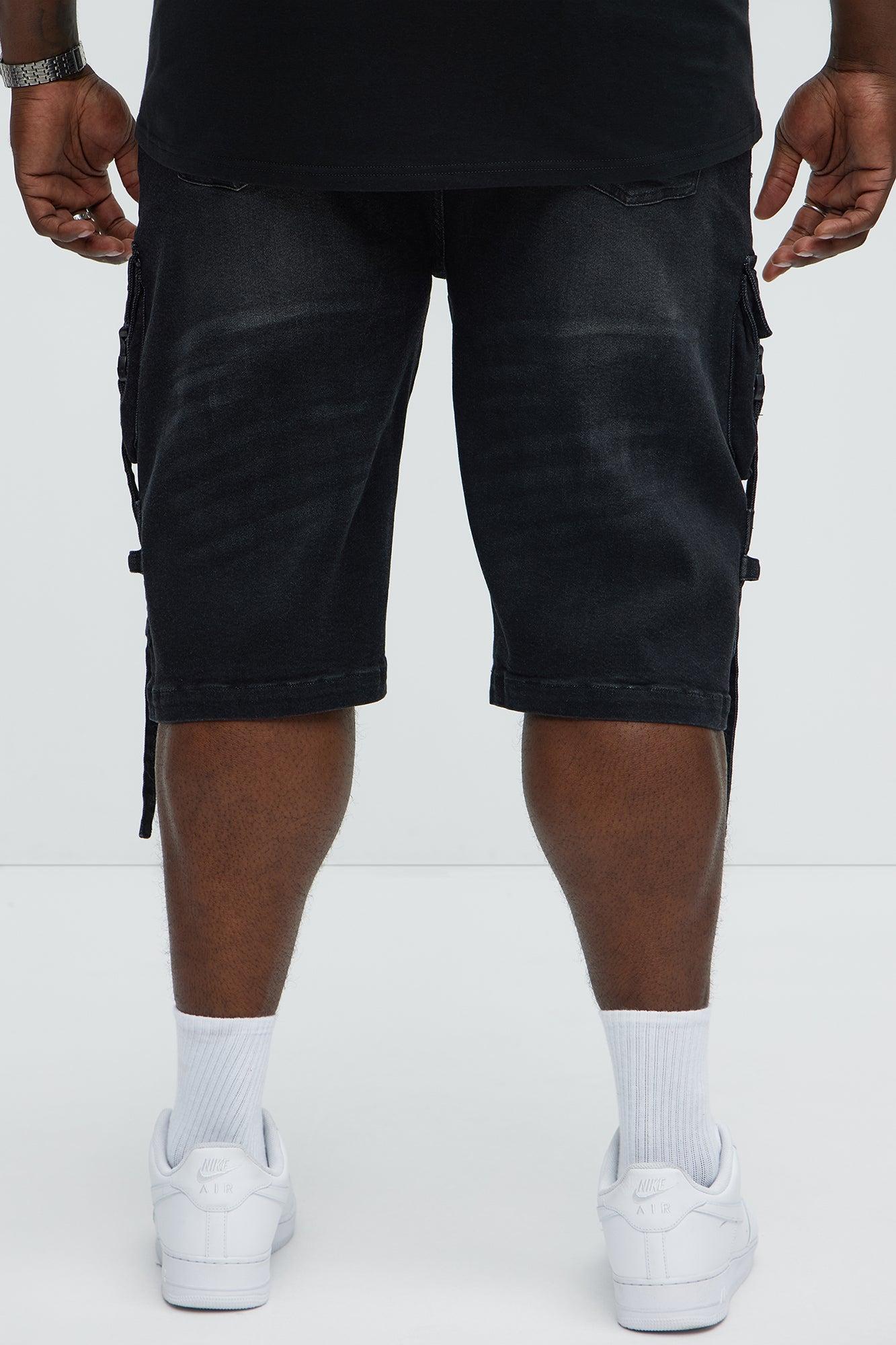 Buckle Down Strapped Relaxed Denim Shorts - Black Product Image