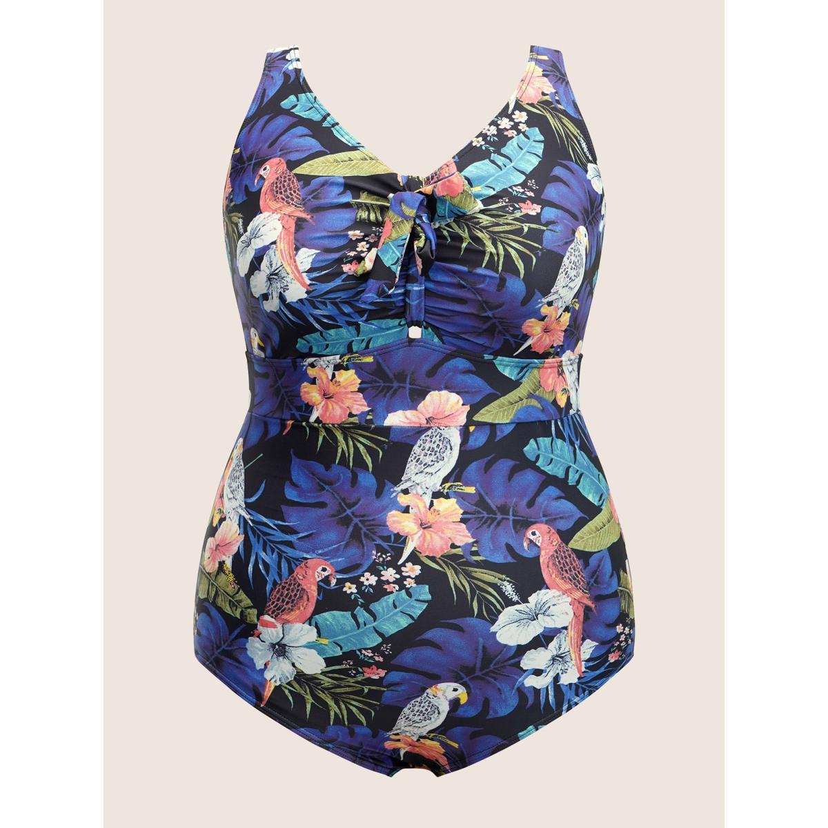 Plus Size Tropical Print Knotted Tummy Control One Piece Swimsuit Women's Swimwear Multicolor Beach Non Curve Bathing Suits High stretch One Pieces BloomChic 22-24/3X Product Image