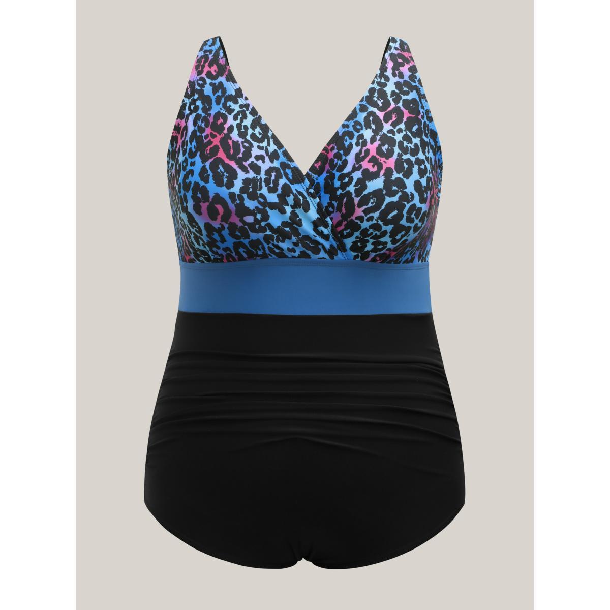 Plus Size Leopard Color Block One-Piece Swimsuit Women's Swimwear Aegean Beach Gathered Curve Bathing Suits High stretch One Pieces BloomChic 12/L Product Image
