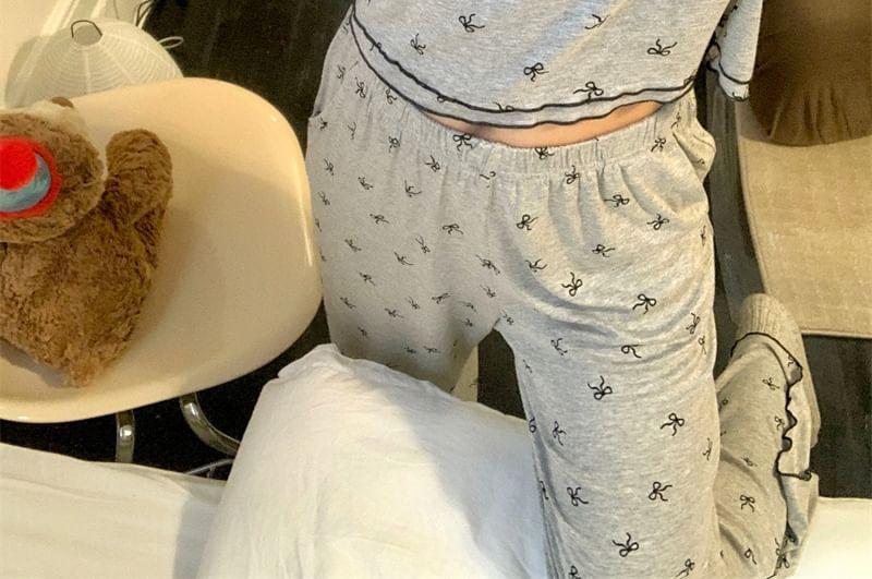 Pajama Set: Long Sleeve Sweetheart Neck Bow Print Top + Straight Leg Pants Product Image