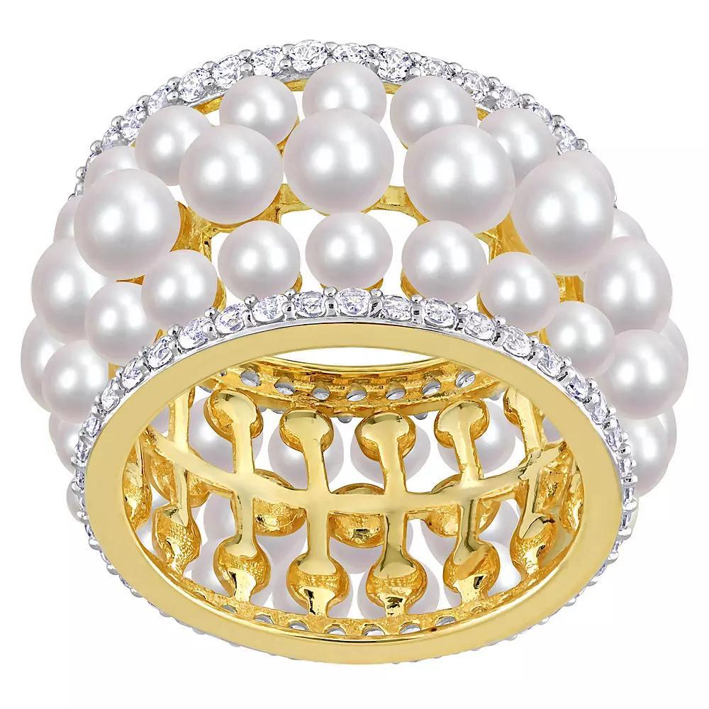Stella Grace 18k Gold Over Silver Freshwater Cultured Pearl & Lab-Created White Sapphire 3-Row Ring, Womens Gold Tone Product Image