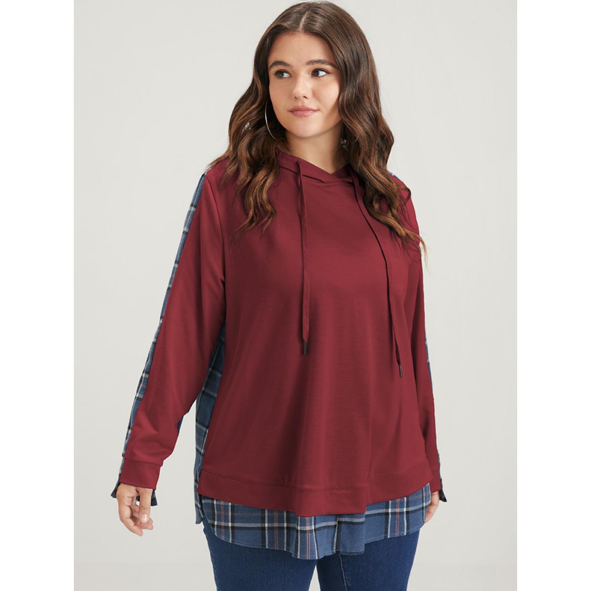 Plus Size Plaid Contrast Asymmetrical Drawstring Hooded Sweatshirt Women Scarlet Casual Contrast Loose Hooded Dailywear Sweatshirts BloomChic 18-20/2X Product Image