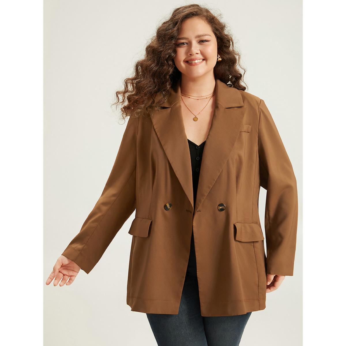 Plus Size Suit Collar Button Up Pocket Blazer DarkBrown Women Dailywear Plain Plain Sleeve Long Sleeve Suit Collar 22-24/3X Pocket Casual Blazers BloomChic Product Image