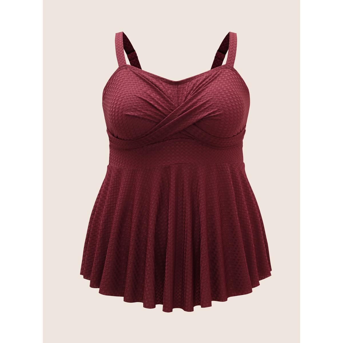 Plus Size Plisse Solid Crossover A Line Swim Top Women's Swimwear Burgundy Beach Pleated High stretch Bodycon Heart neckline Curve Swim Tops BloomChic 22-24/3X Product Image