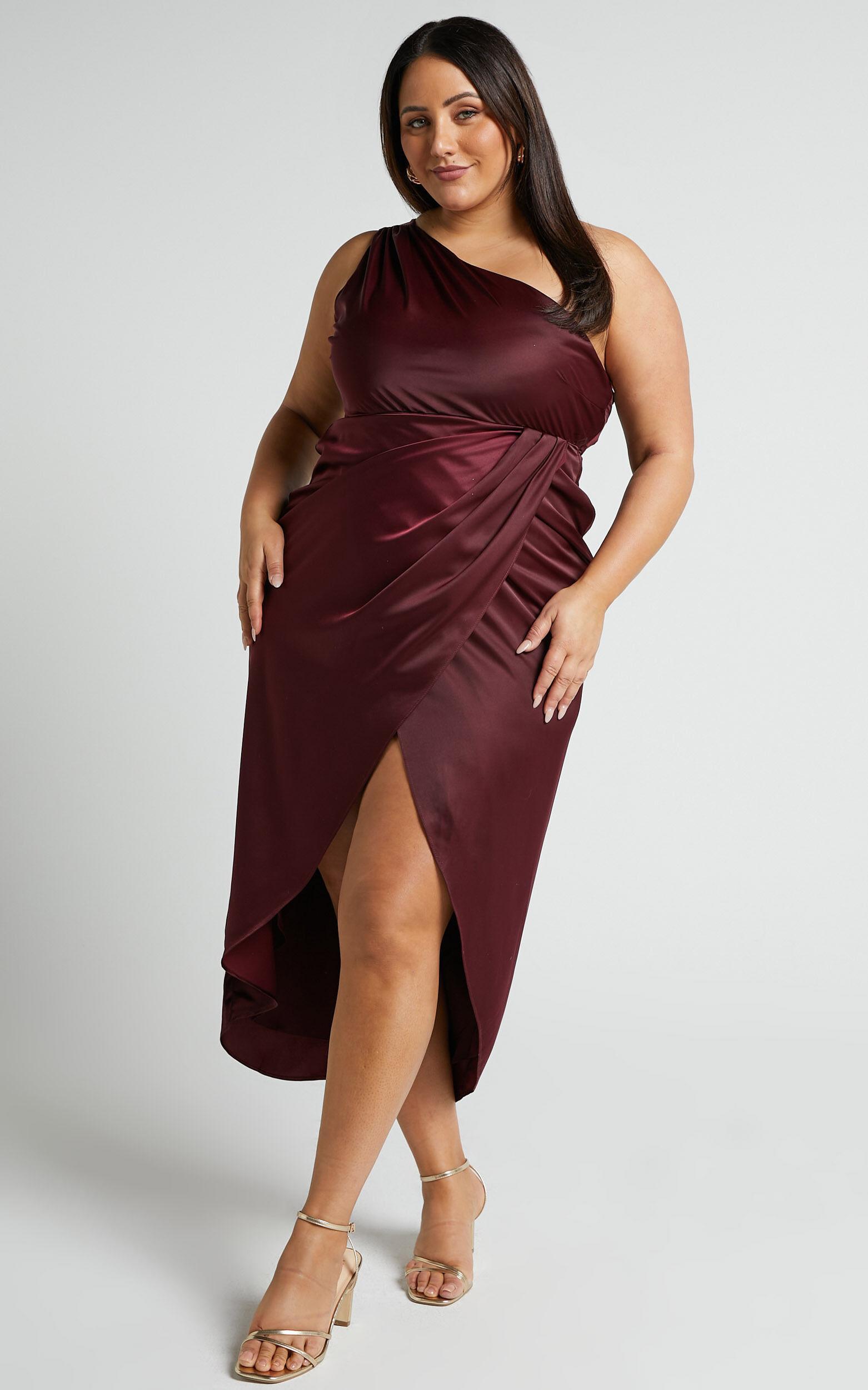 Felt So Happy Midi Dress - One Shoulder Drape Dress in Wine Product Image