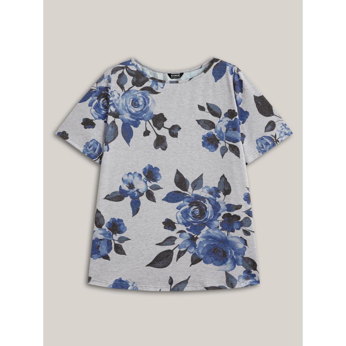 Plus Size Floral Print Round Neck Fitted T-Shirt DarkGray Women Casual Non Natural Flowers Boat Neck Everyday T-shirts BloomChic 26/4X Product Image