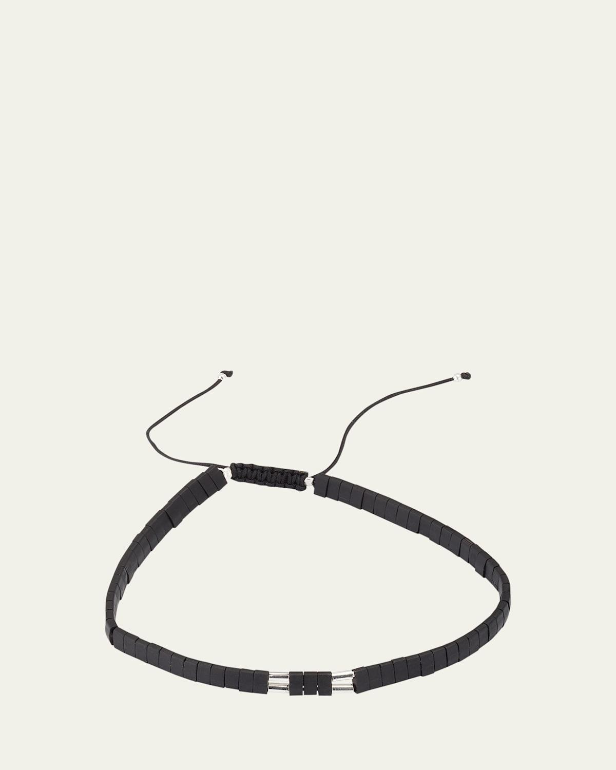 Mens Sterling Silver and Chiclet Beaded Pull Cord Bracelet Product Image