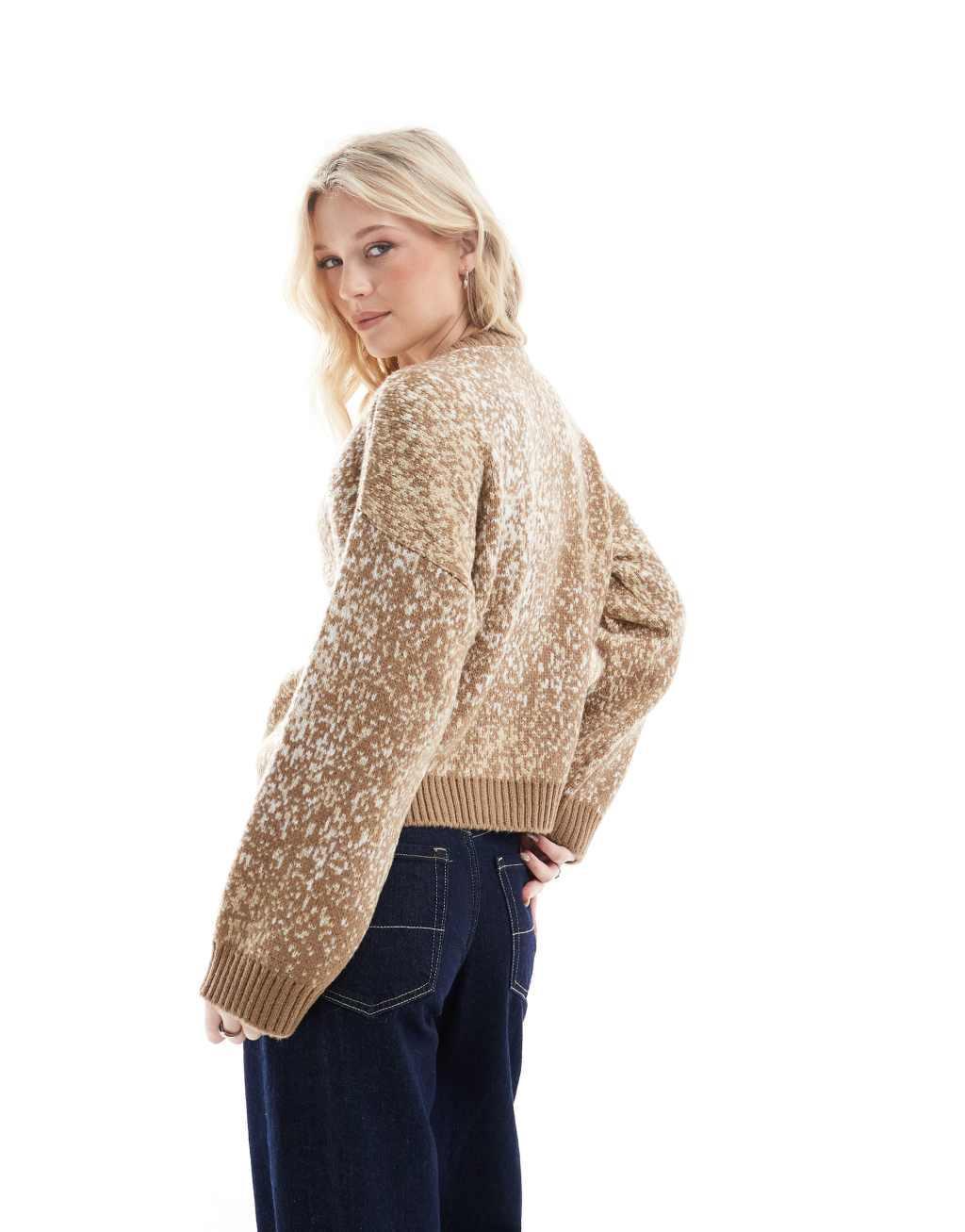 ASOS DESIGN knitted crew neck cardigan in taupe animal print Product Image