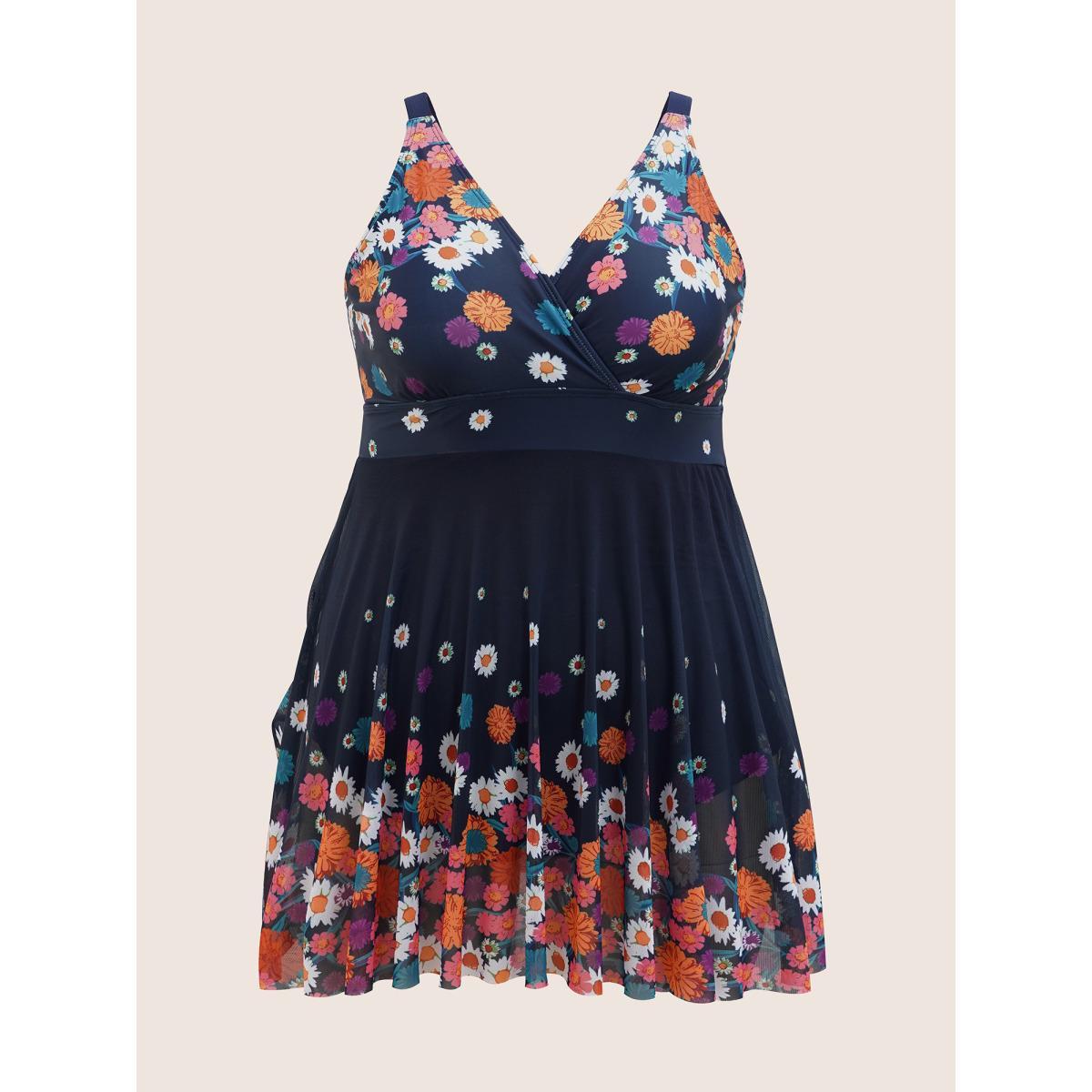 Plus Size Overlap Collar Floral Patchwork Mesh Swim Dress Women's Swimwear Indigo Beach Bodycon Overlap Collar High stretch Curve Swim Dresses BloomChic 30/6X Product Image