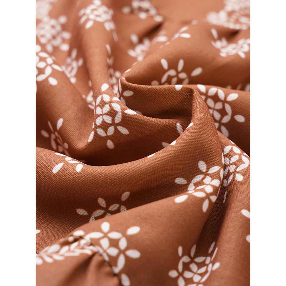 Plus Size Geometric Wrap Ruffle Layered Hem Dress Chocolate Women Vacation Wrap Overlap Collar Long Sleeve Curvy Midi Dress BloomChic 14-16/1X Product Image