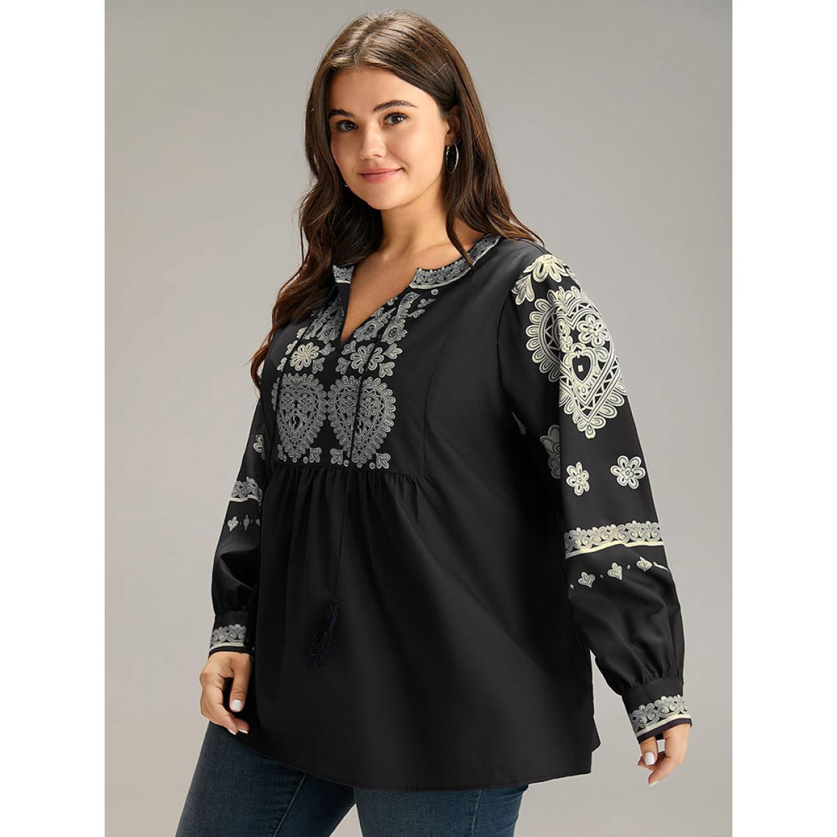 Plus Size BlackFlower Boho Print Tie Neck Tassel Gathered Blouse Women Vacation Long Sleeve Tie Neck Vacation Blouses BloomChic 12/L Product Image