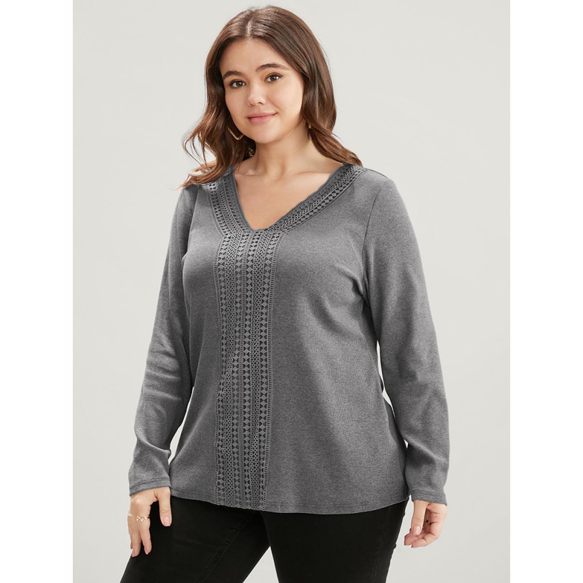 Plus Size Solid V Neck Crochet Lace Rib Knit Long Tee Gray Women Elegant Patchwork Plain V-neck Dailywear T-shirts BloomChic 12/L Product Image