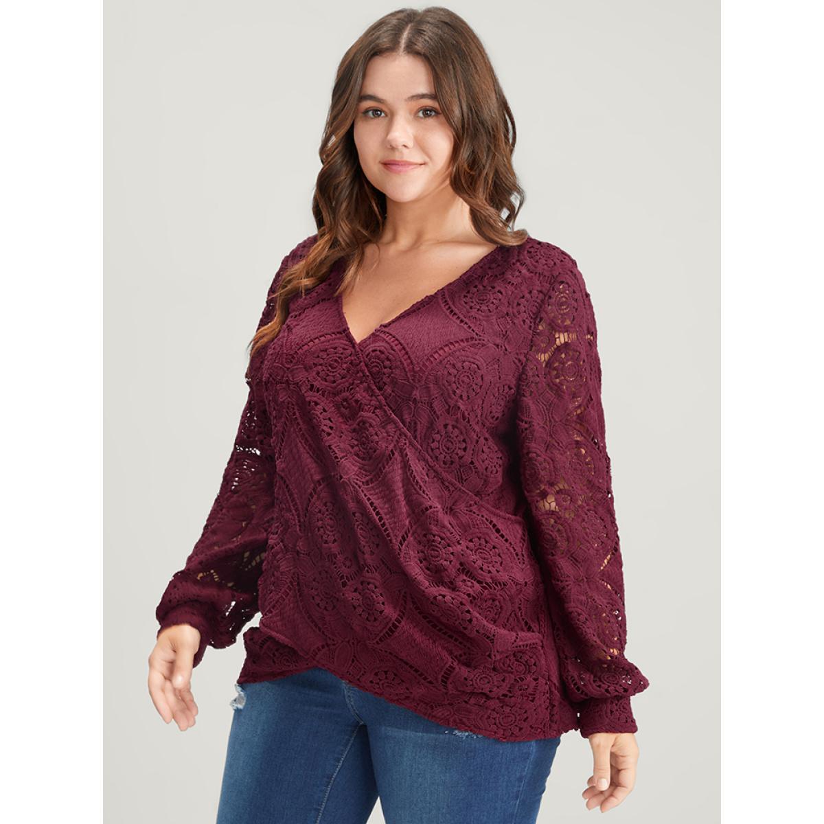 Plus Size Burgundy Solid Crossover Hem Lace Blouse Women Glamour Long Sleeve V-neck Going out Blouses BloomChic 22-24/3X Product Image