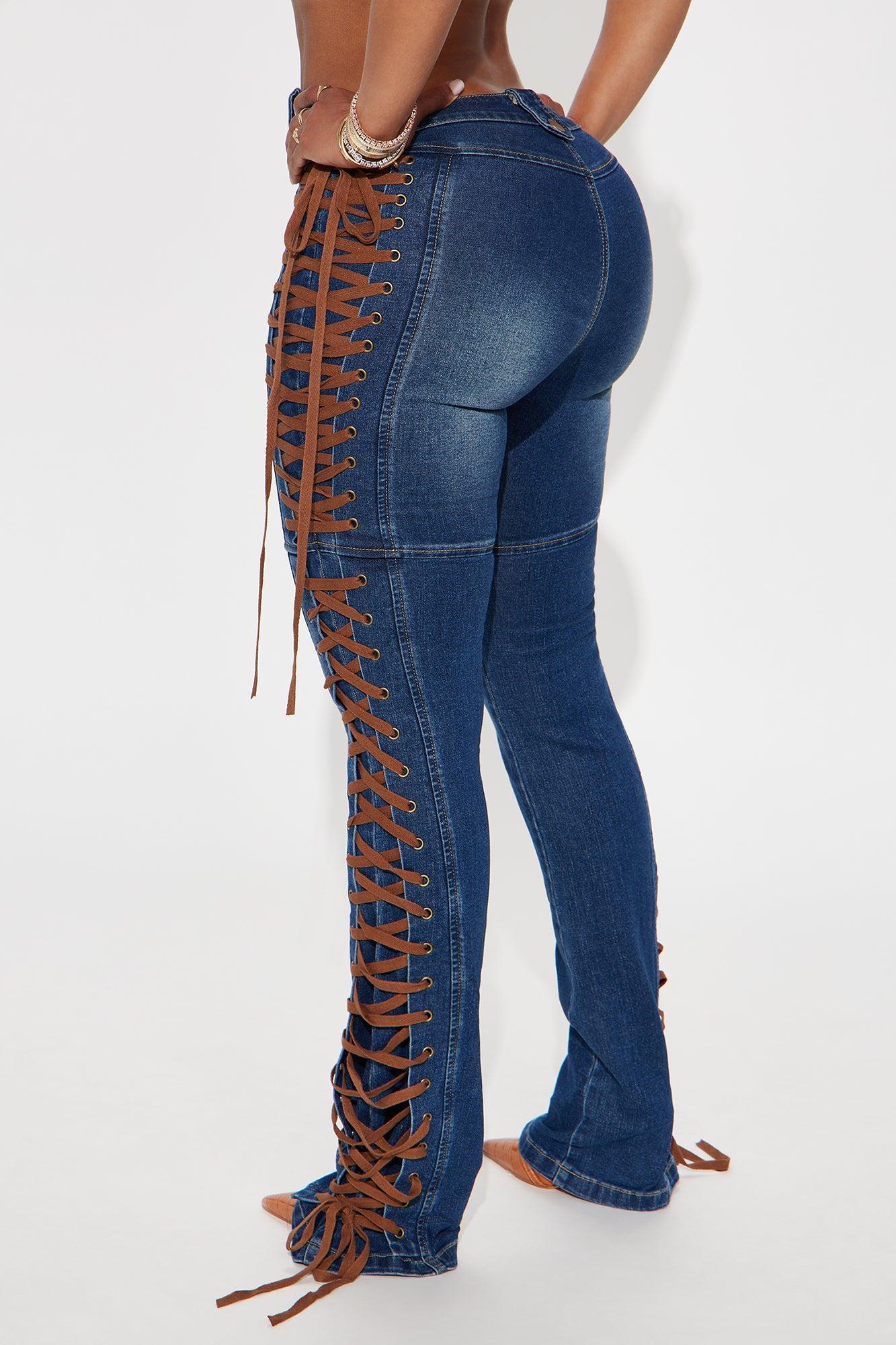 Jaw Dropper Stretch Lace Up Bootcut Jeans - Dark Wash Product Image