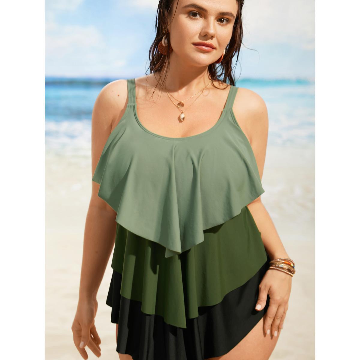 Plus Size U Neck Contrast Tiered Ruffles One Piece Swimsuit Women's Swimwear ArmyGreen Beach Tiered Curve Bathing Suits High stretch One Pieces BloomChic 18-20/2X Product Image