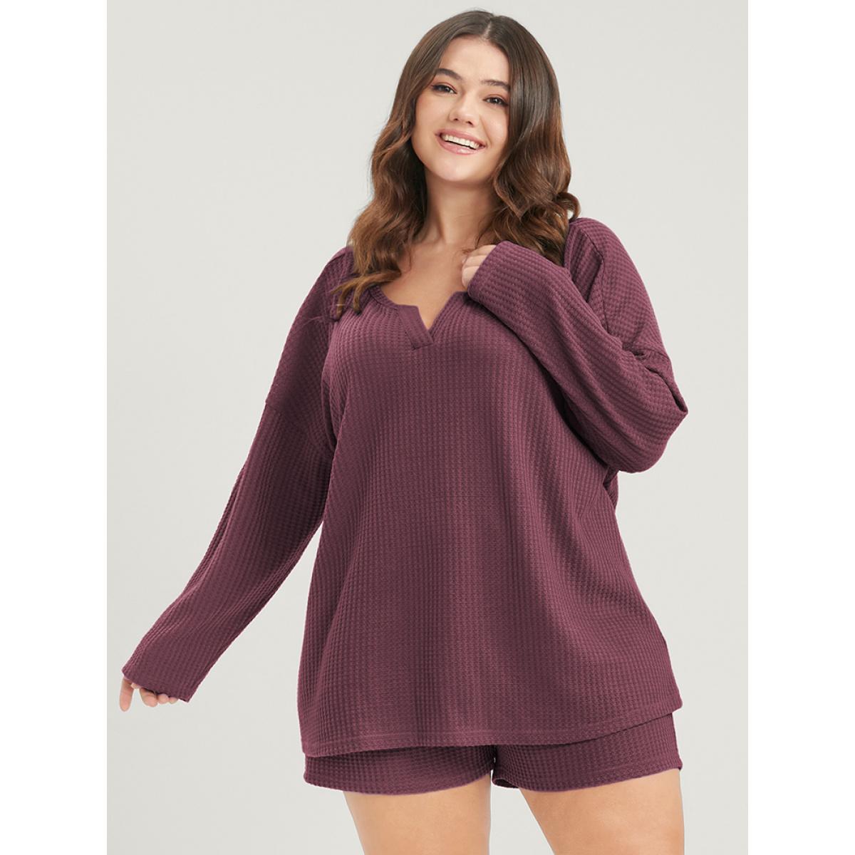 Plus Size Solid Notched Waffle Knit Pajama Set Women DustyPink Plain Plain Long Sleeve Notched collar Casual Loungewear Sets BloomChic 22-24/3X Product Image