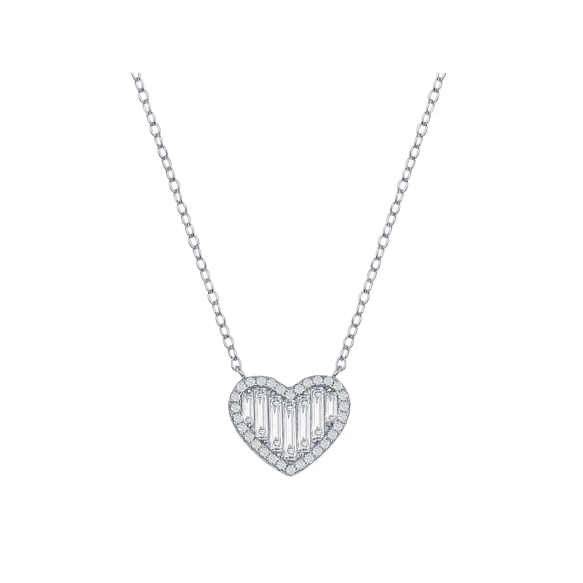 Sterling Silver Round & Baguette Cubic Zirconia Heart Necklace, Womens Product Image