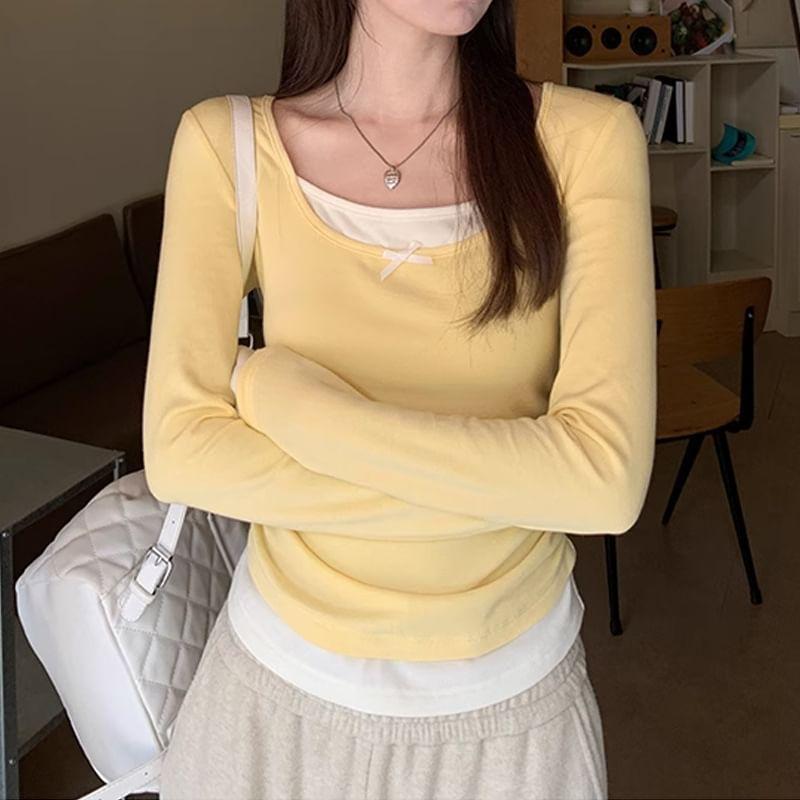 Mock Two-Piece Long-Sleeve Square-Neck Two-Tone T-Shirt Product Image