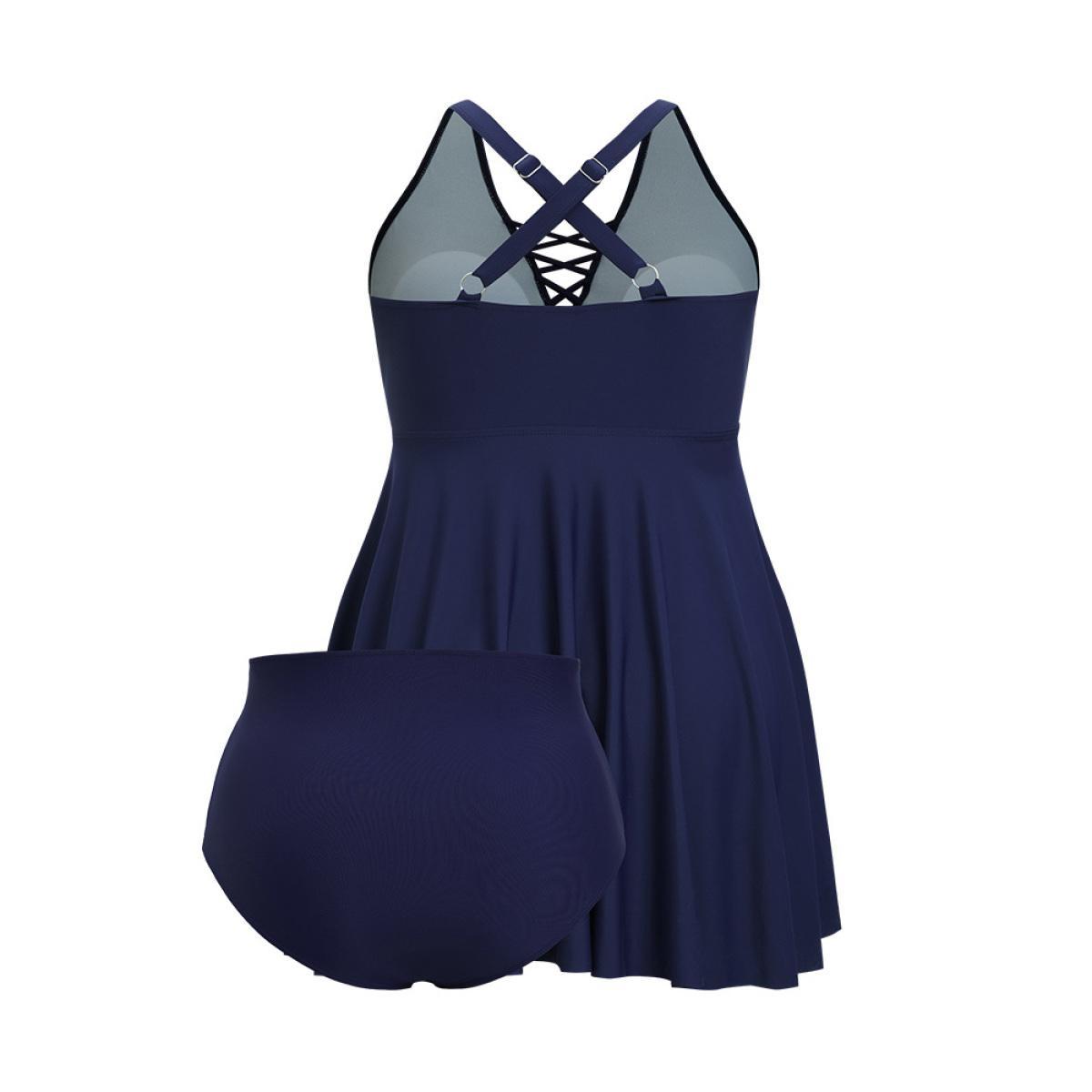 Plus Size Crisscross Neck Adjustable Straps Ruffles Hem Swim Dress Women's Swimwear Indigo Vacation Bodycon V-neck High stretch Curve Swim Dresses BloomChic 28/5X Product Image