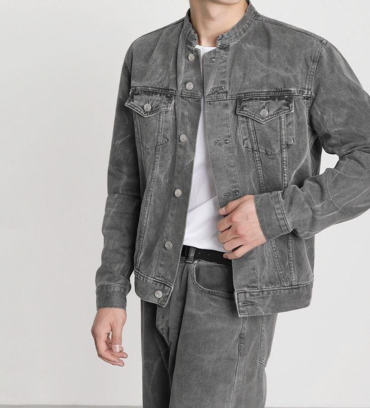 RT No. 5571 GRAY MANDARIN COLLAR DENIM JK & WIDE STRAIGHT JEANS Product Image