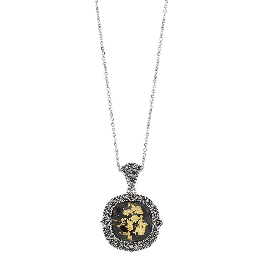 Lavish by TJM Sterling Silver Crystal Gold Leaf & Black Onyx Doublet Cushion Pendant Necklace, Women's, Size: 18" Product Image