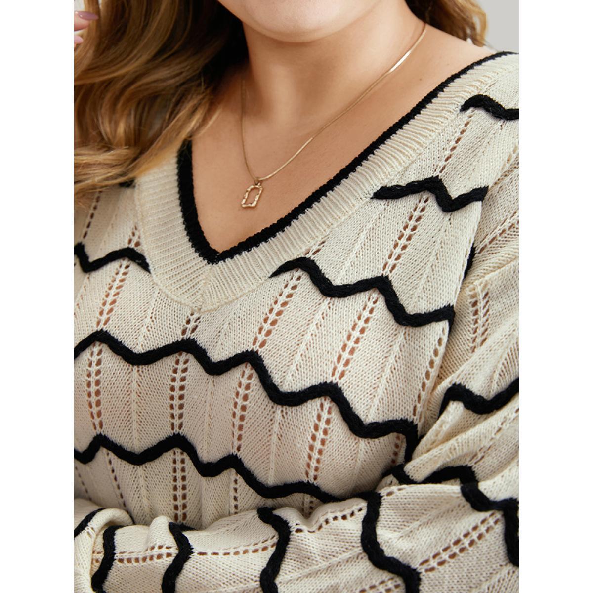 Plus Size Striped Drop Shoulder Cut Out Bodycon Pullover Beige Women Casual Bodycon Long Sleeve V-neck Everyday Pullovers BloomChic 26/4X Product Image