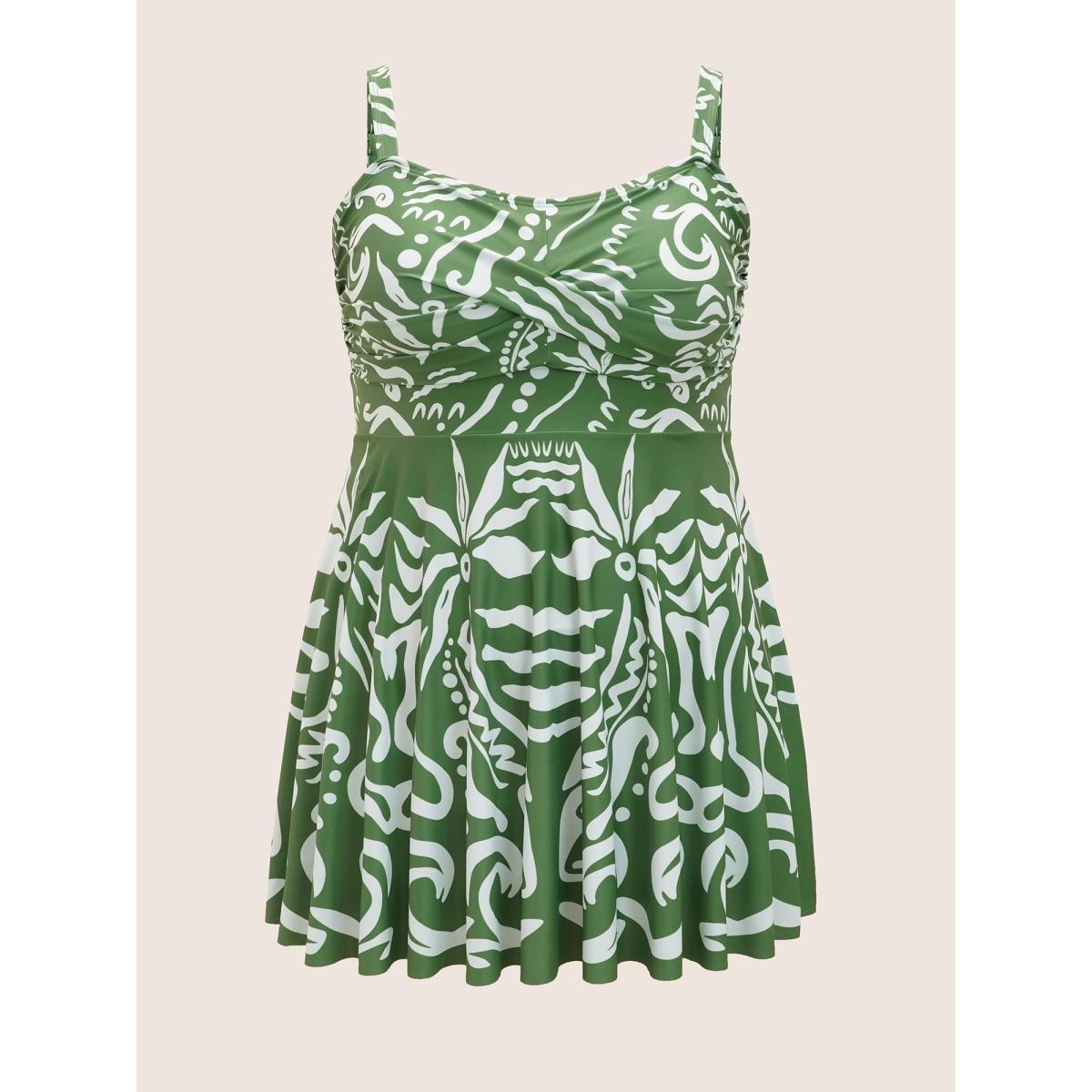 Plus Size Boho Print Crossover High Rise Swim Dress Women's Swimwear Moss Beach Bodycon Round Neck High stretch Curve Swim Dresses BloomChic 14-16/1X Product Image