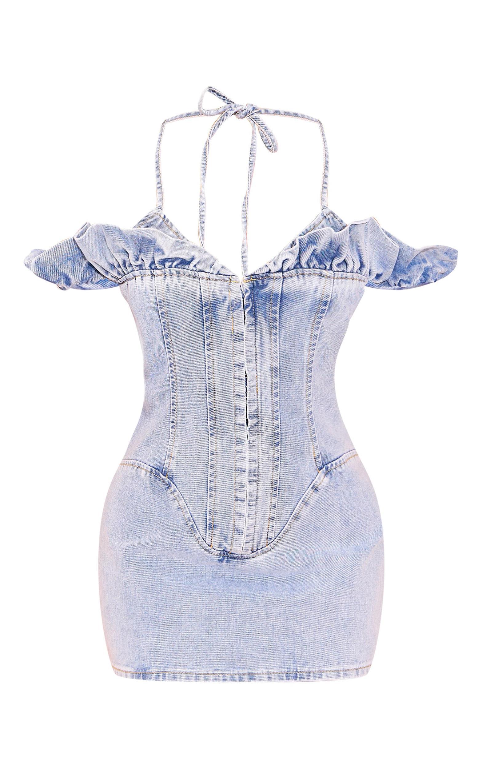 Petite Blue Denim Halterneck Frill Detail Mini Dress Product Image