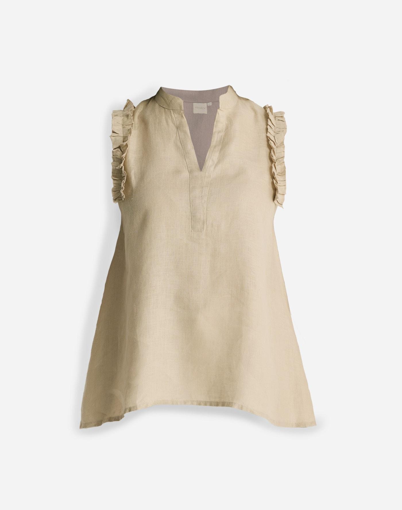 Reistor® Sleeveless 100% Hemp Top with Ruffles in Neutral Beige Product Image