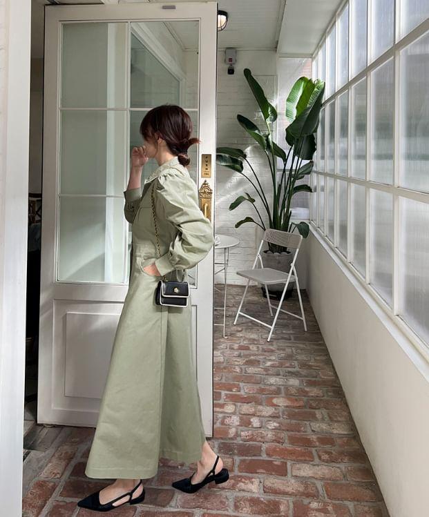 Long-Sleeve Collared Plain Midi A-Line Dress Product Image
