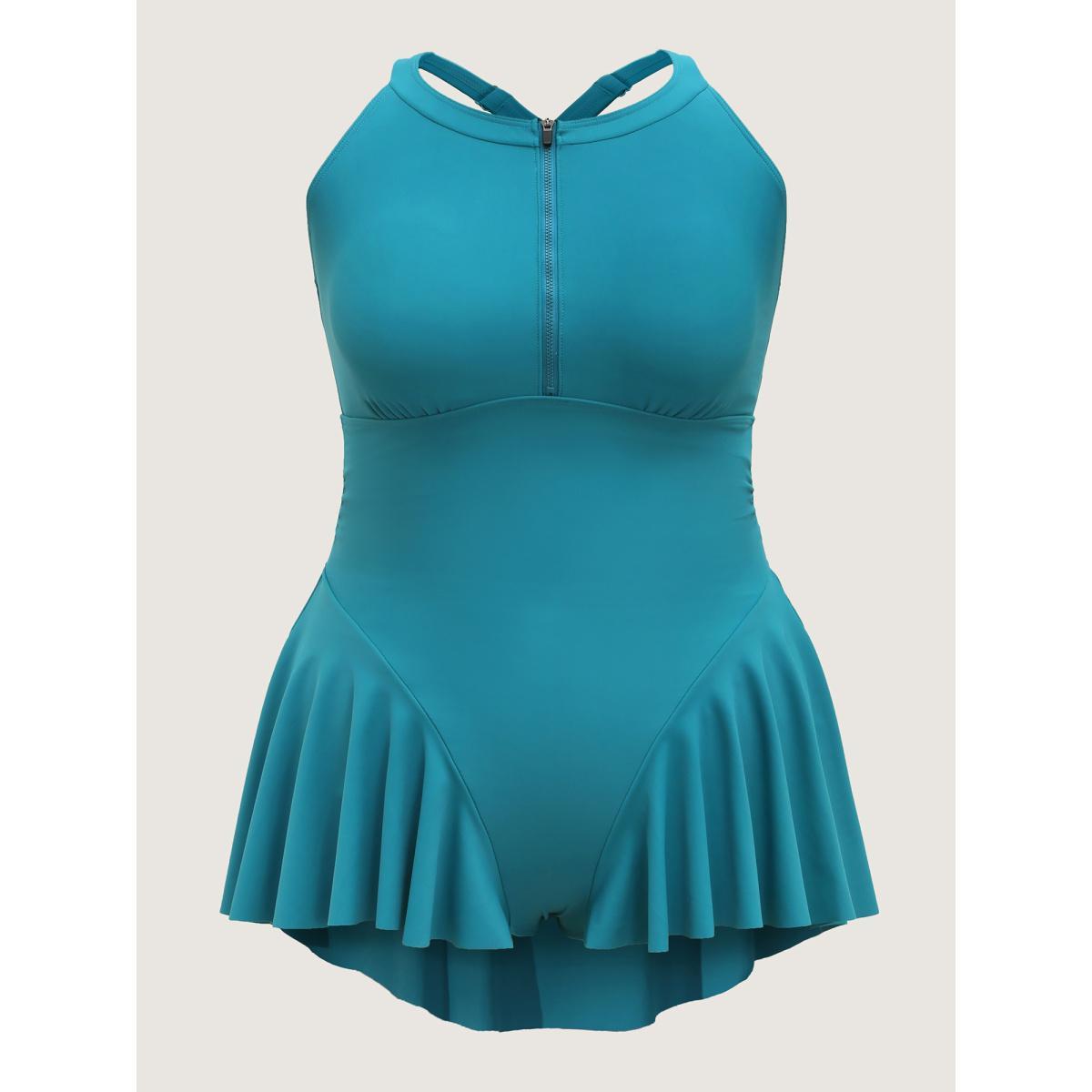 Plus Size Zipper Front Ruffled One-Piece Swimsuit Women's Swimwear Teal Beach Gathered Curve Bathing Suits High stretch One Pieces BloomChic 26/4X Product Image