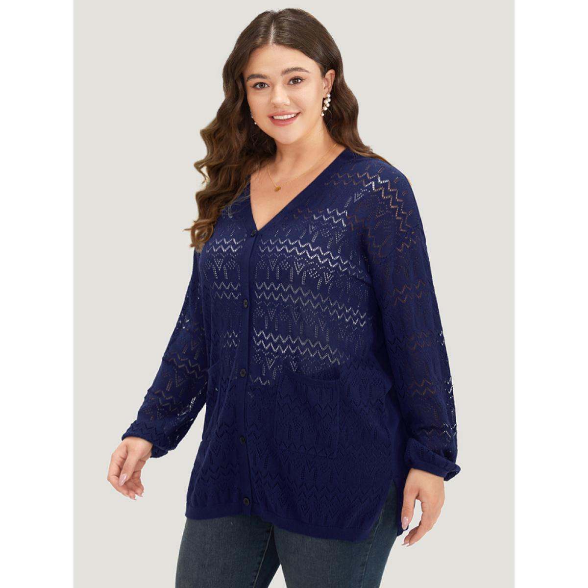 Plus Size Plain Pocket Hollow Out Button Through Cardigan Indigo Women Casual Long Sleeve Dailywear Cardigans BloomChic 12/L Product Image