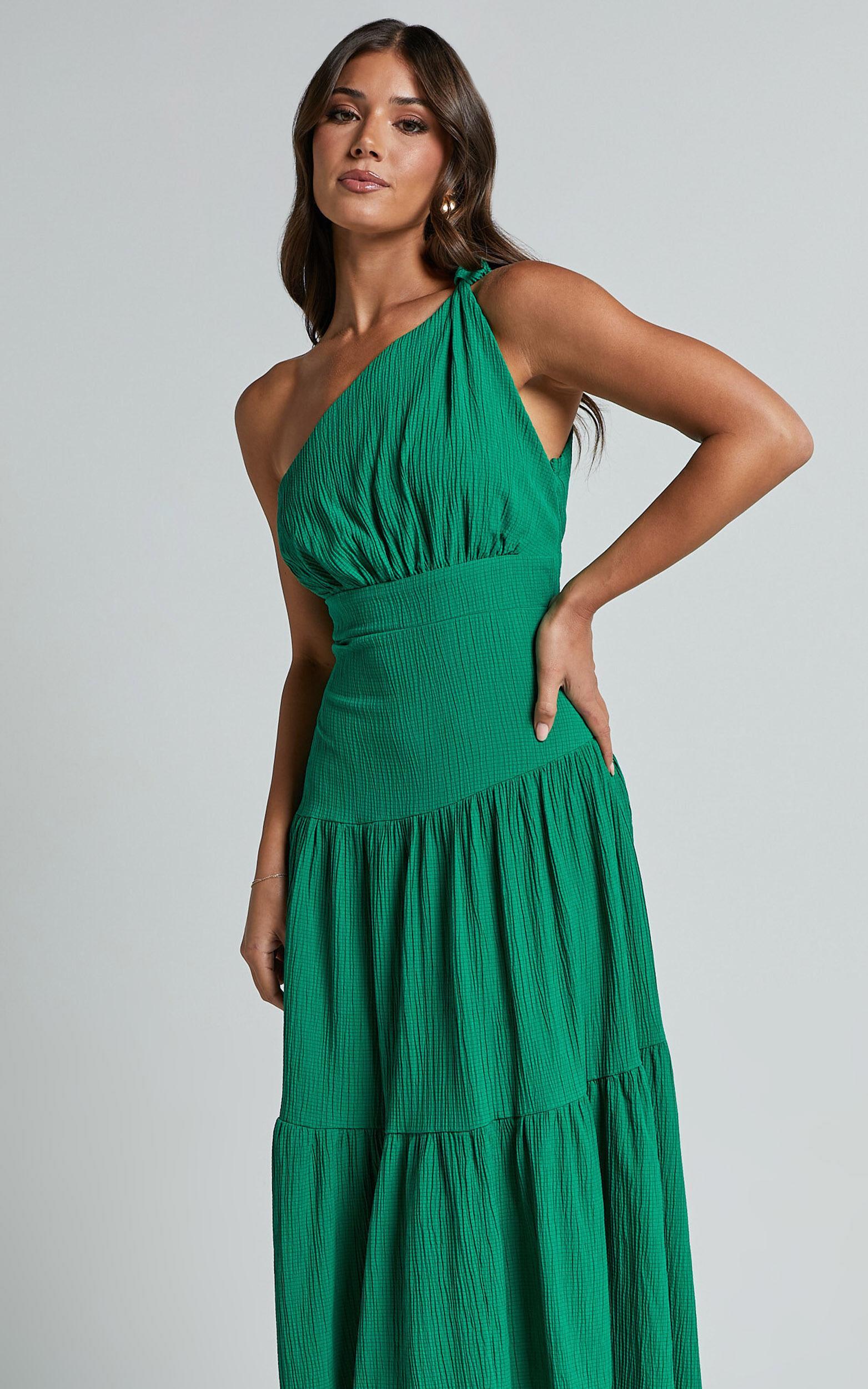 Celestia Midi Dress - Tiered One Shoulder Dress in Green Product Image