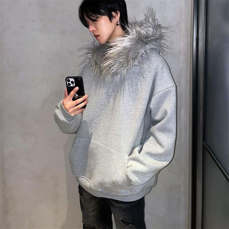 V-Neck Faux Fur Trim Plain Oversized Hoodie Product Image