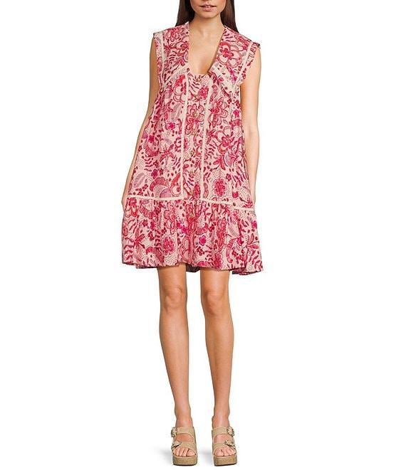 TCEC Floral Print Embroidered Sailor Collared Button Front Dress Product Image