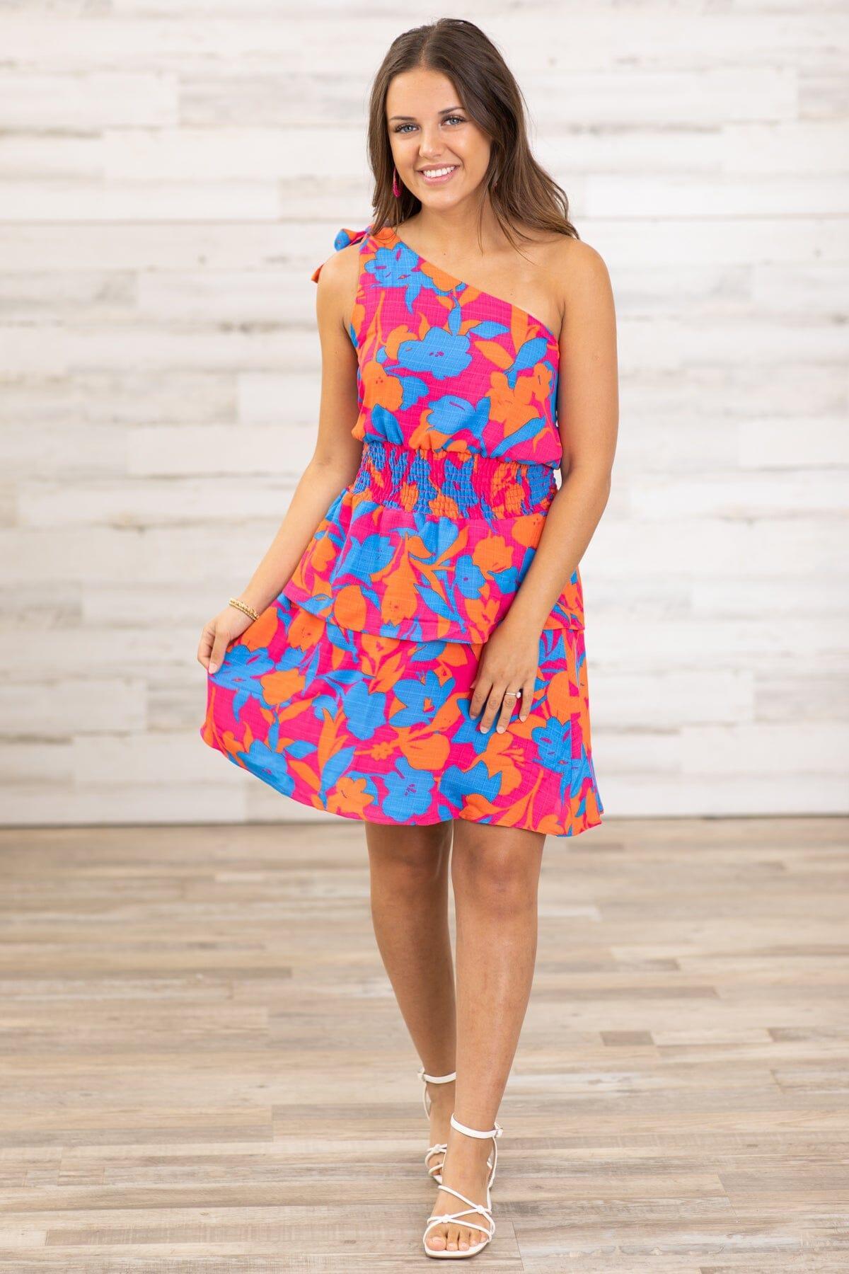 Fuchsia and Royal Floral One Shoulder Dress Product Image
