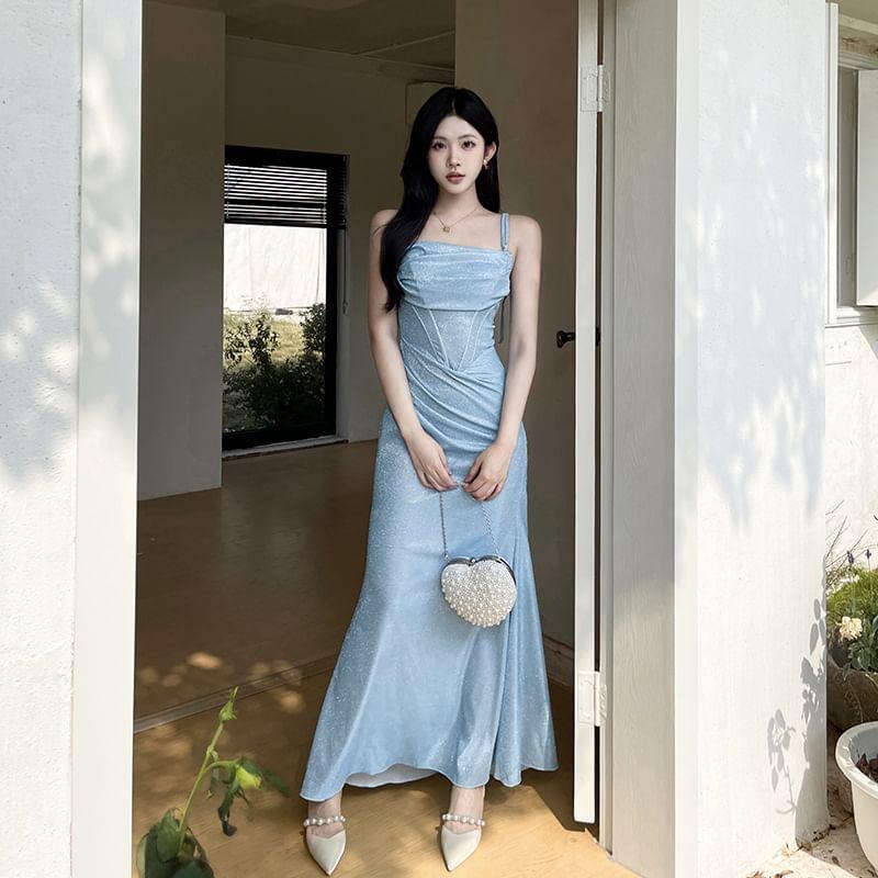 Sleeveless Glitter Ruched Slim-Fit Maxi Bodycon Dress Product Image